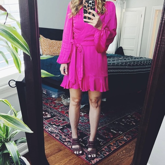 Banana Republic Bright Peony Satin Ruffle Wrap Dress small - Picture 2 of 16